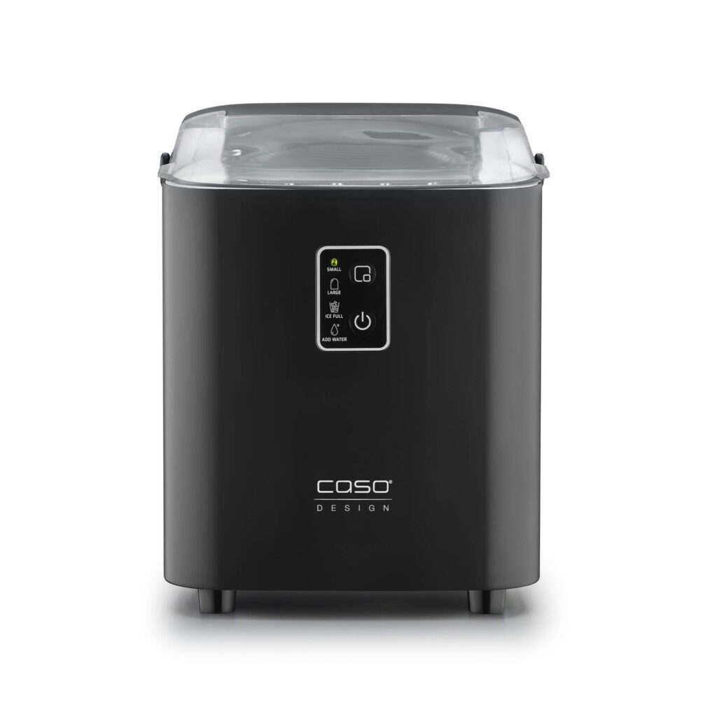 CASO Design IceChef Ice Cube Maker – sleek black compact countertop ice machine with digital control panel, ideal for quickly making ice at home during summer heatwaves