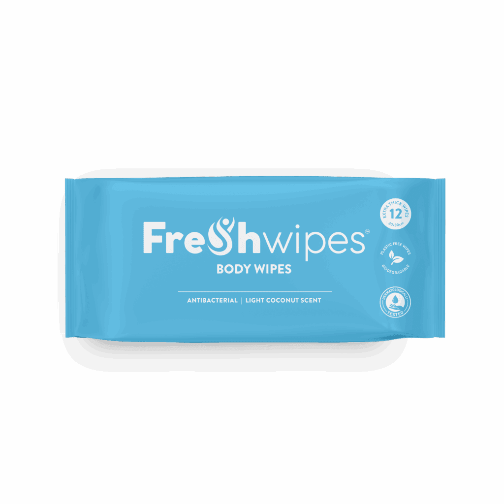 FreshWipes Body Wipes – Light Coconut Scent – biodegradable coconut-scented wipes for on-the-go freshness during hot summer days.