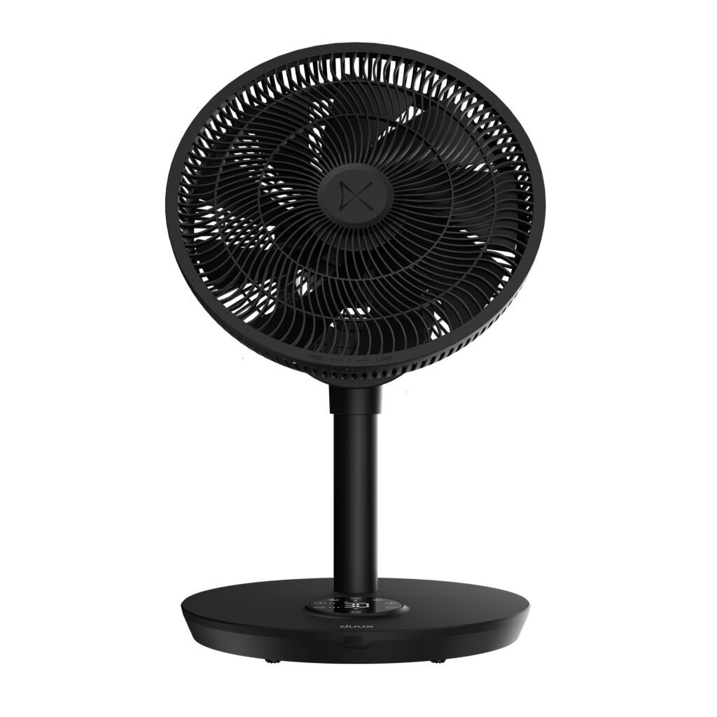 Duux Whisper Flex 2 fan in black – sleek, adjustable pedestal fan with digital controls, ideal for cooling during a heatwave