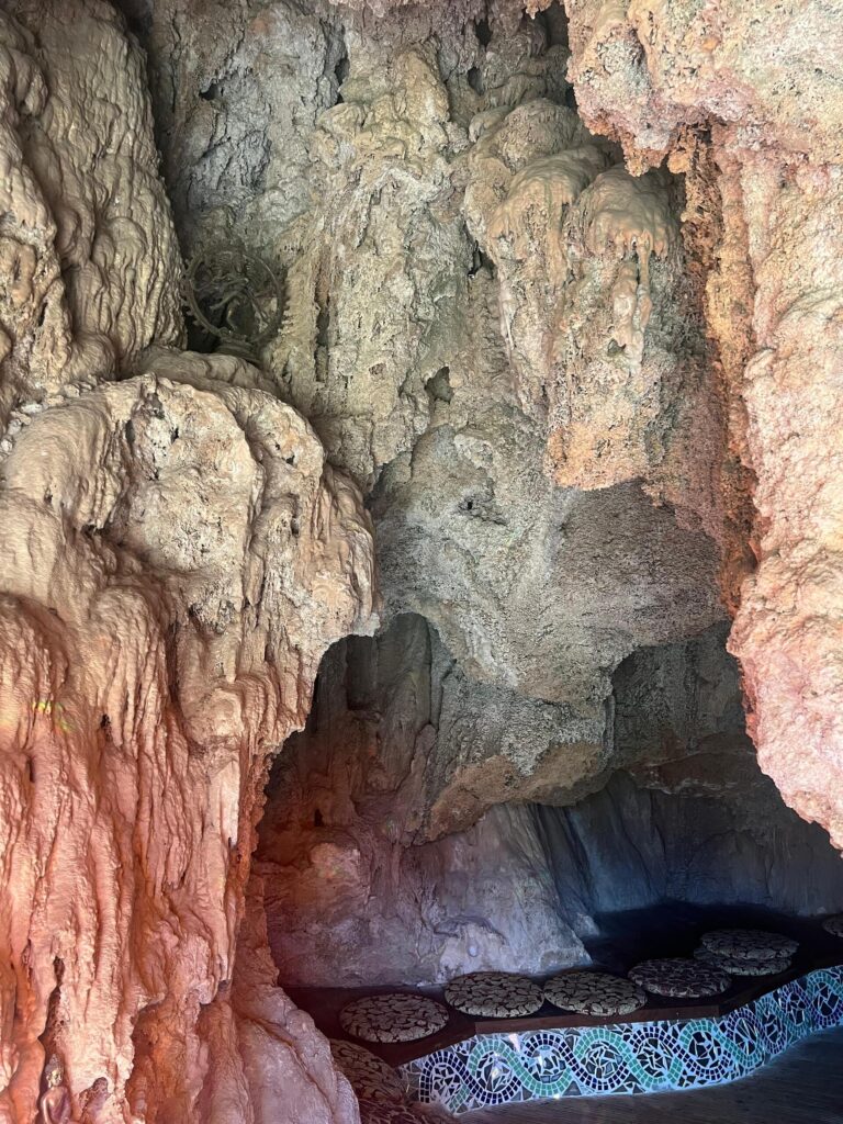 Meditation seating built into the rock inside a cave at Molino del Rey retreat centre in Andalusia, Spain