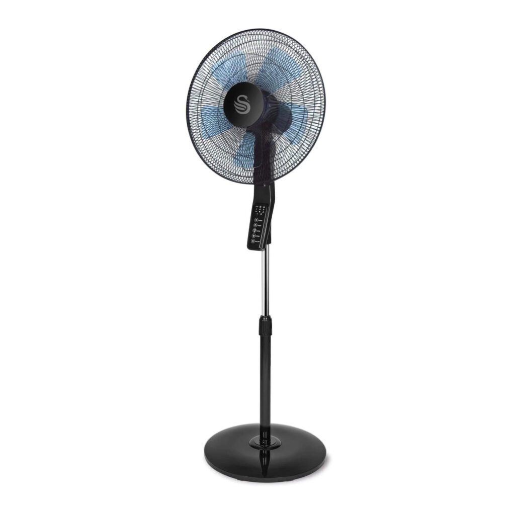 Swan stand fan in black, a quiet and powerful cooling solution for the best heatwave essentials