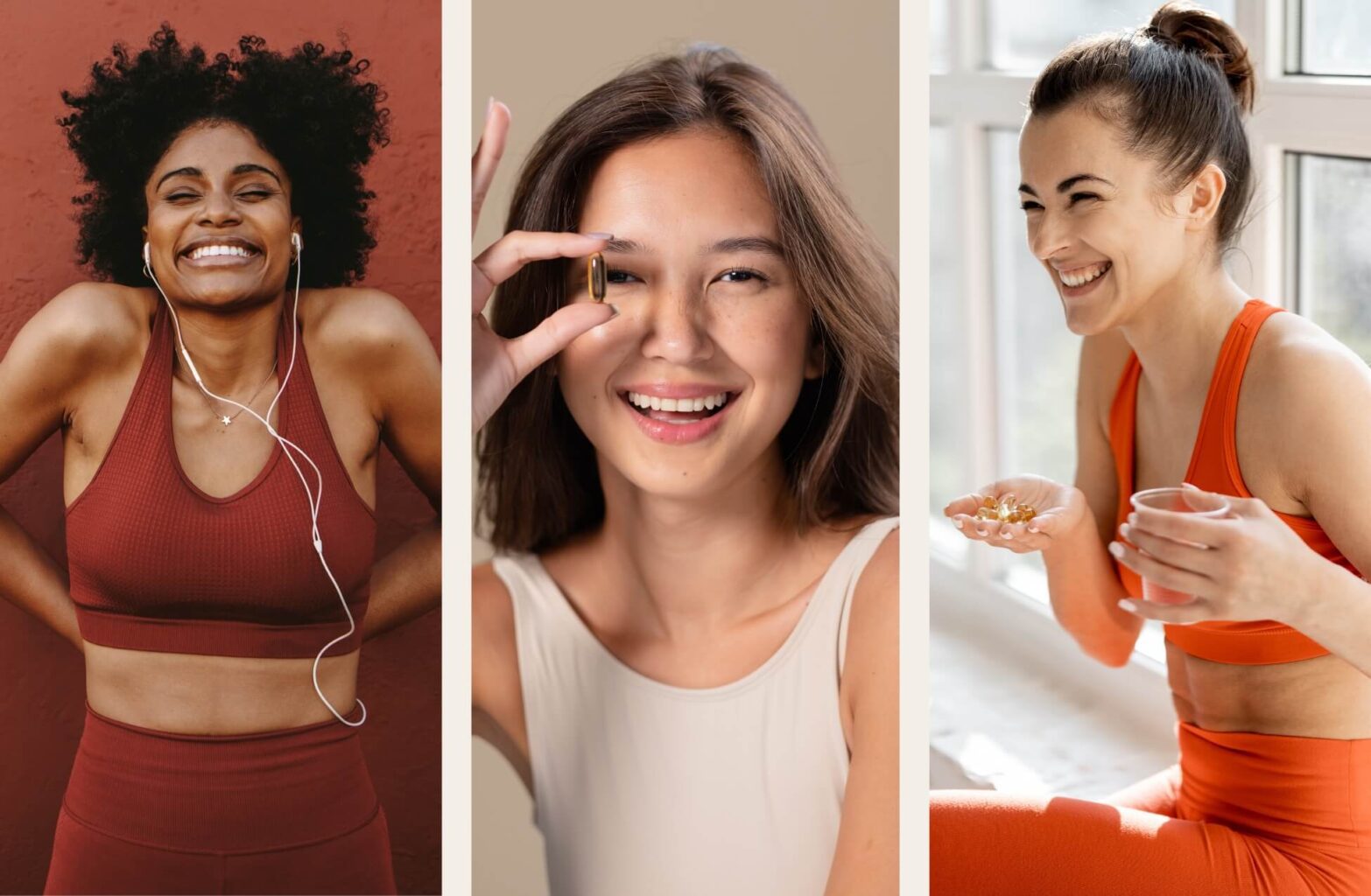 Best Supplements For Women - Three women smiling and holding supplements for women's health and wellness