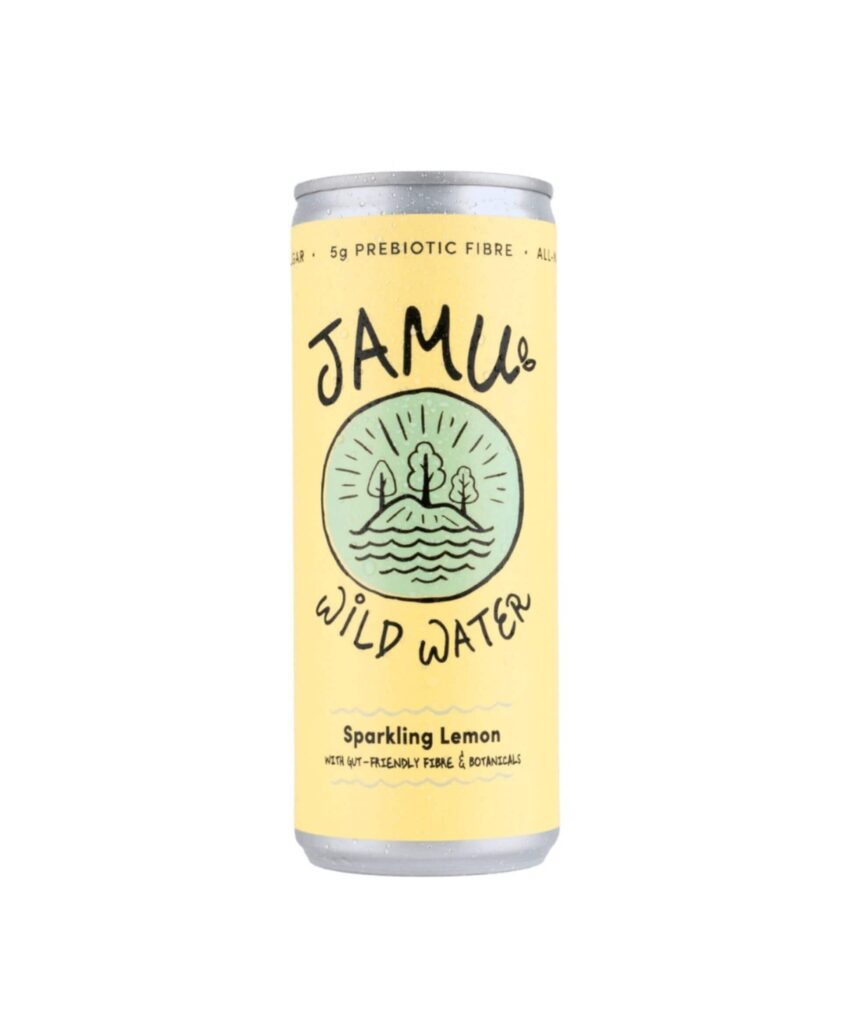 Jamu Wild Water Sparkling Lemon - refreshing sparkling drink with gut-friendly fibre and botanicals, in a pastel yellow can